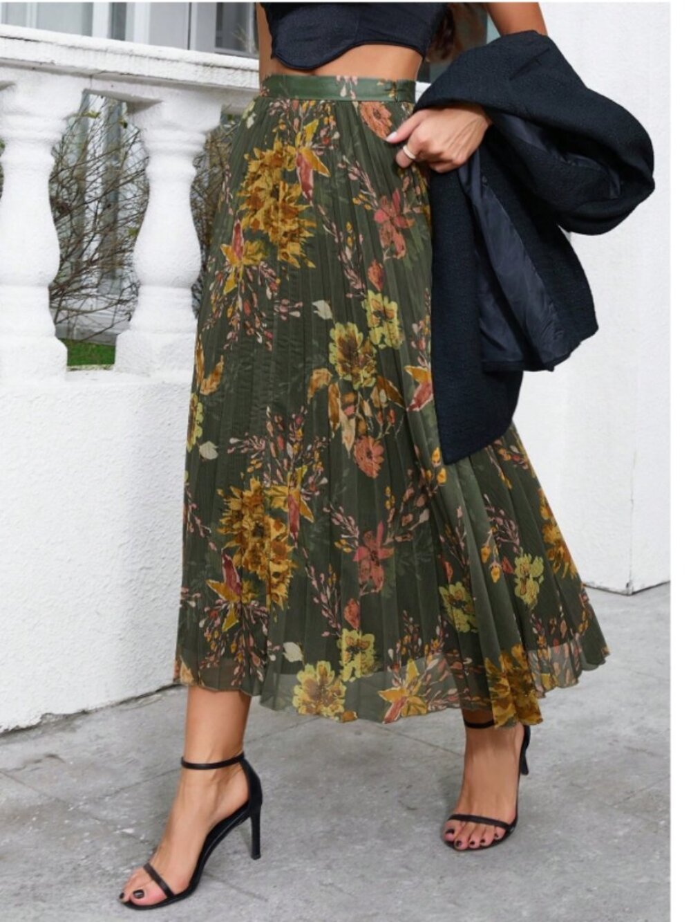 🤍 Olive Green Floral Pleated Midi Skirt | Elegant Boho Fall Skirt | Size M